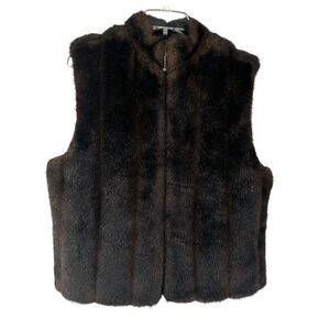 Faux Fur Vest Brown Preston York Full Zip Womens Size M Classic Mock Neck Lined